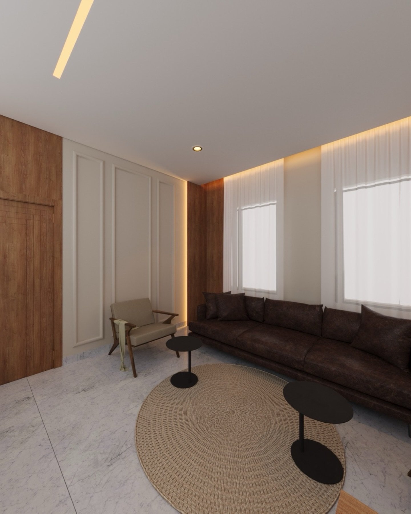 Star of Future Sky living room design in warm stone tones with generous upholstered seating